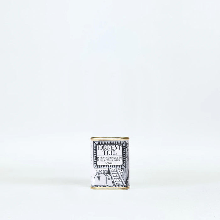 100ml Illustrated Can of Honest Toil cold pressed extra virgin olive oil, unblended Koroneiki olives