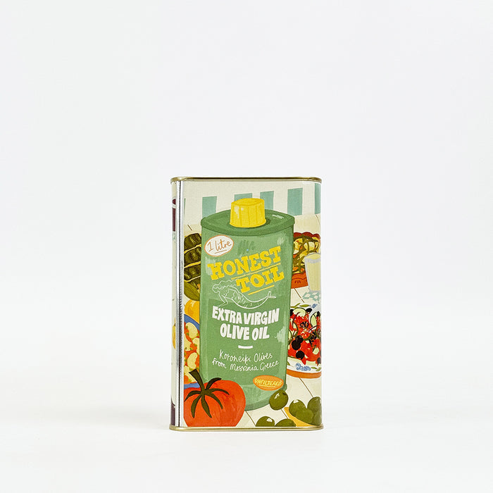 1L Illustrated Can of Honest Toil cold pressed extra virgin olive oil, unblended Koroneiki olives