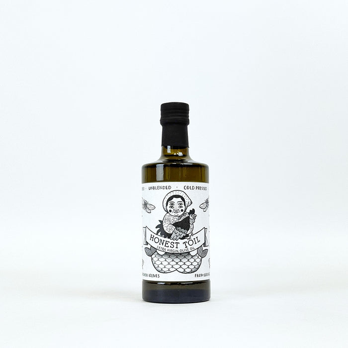 500ml Black Glass Bottle of Honest Toil cold pressed extra virgin olive oil, unblended Koroneiki olives
