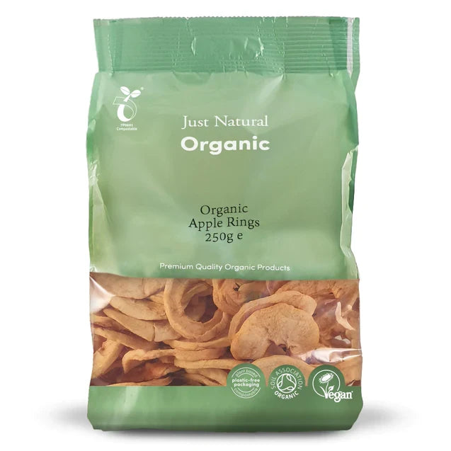 250g Pack of Just Natural organic apple rings, a versatile dried fruit pantry staple